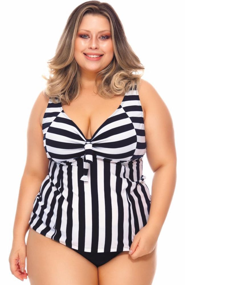 Front of a model wearing a size 20 Beach Tankini in Stripe by Lehona. | dia_product_style_image_id:267516